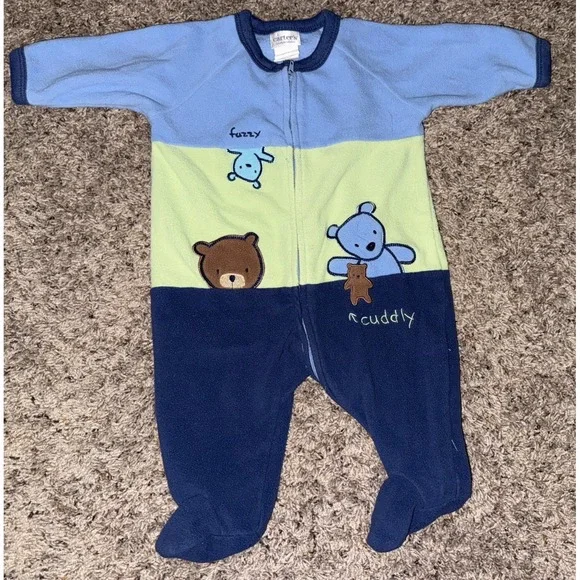 Vintage Carter's Classics 0-3 Month  Bear Blue Fleece Footed Pajama Y2K Baby Boy