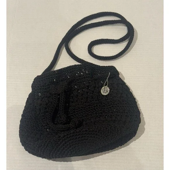 Women's The Sak Black Crochet Shoulder Bag One Size Hobo Bucket Bag Purse NWOT