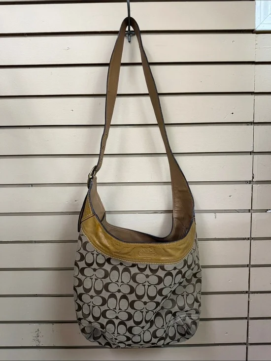 Coach Signature Canvas Hobo with Brown and Mustard Leather Trim