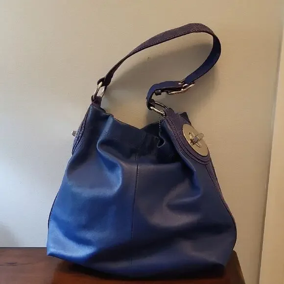Coach Penelope F16535 Blue Leather Hobo Shoulder Bag Snakeskin Trim Silver Hardw