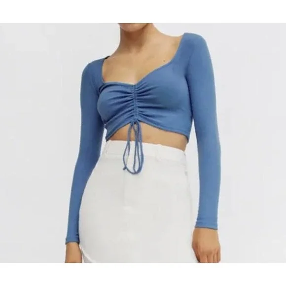 Zara Womens Top L Blue Ruched Tie Front Ribbed Crop Lounge Scoop Neck Lounge