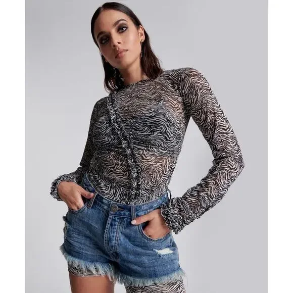 ONE TEASPOON Black White Interfere Ruffle Long Sleeve Party Top NWT Size Small