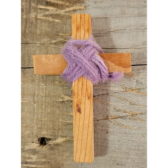 VINTAGE  WOODEN CROSS  PENDANT  With Purple‎ Wrap 3 Inches Large