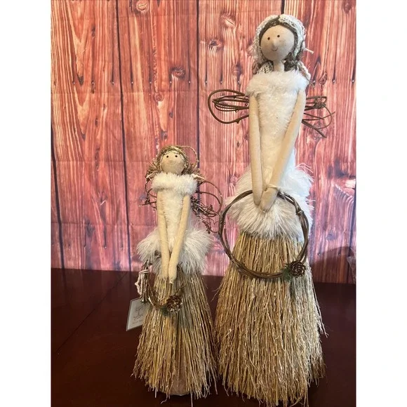 2 Silver Tree Holiday‎ FABRIC ANGELS WITH WREATH  Natural Bamboo Hand Made