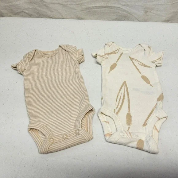 Carter's Bodysuit Set Kids Preemie Beige Tan Striped Botanical 2 Pc Short Sleeve
