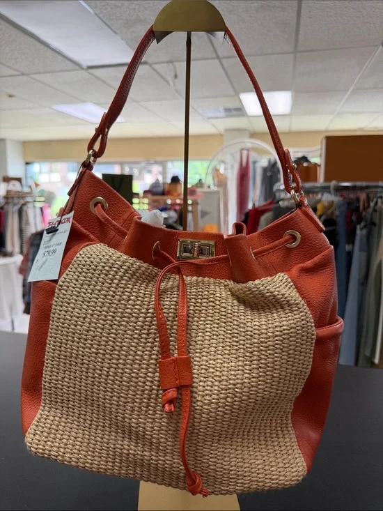Textured Straw-Front Hobo Bag in Orange