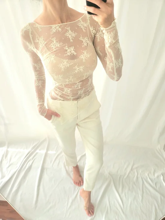 Free People Sheer Lace Long-Sleeve Top in Ivory