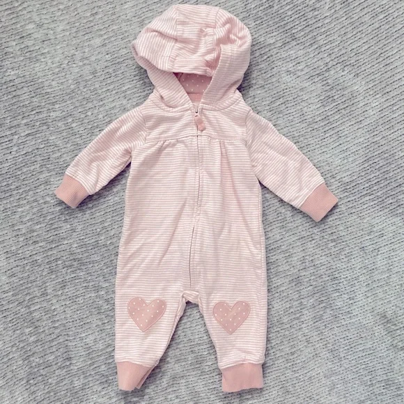 Carter’s‎ 3M Pink Striped Hooded One-Piece With Heart Knee Patches Cotton