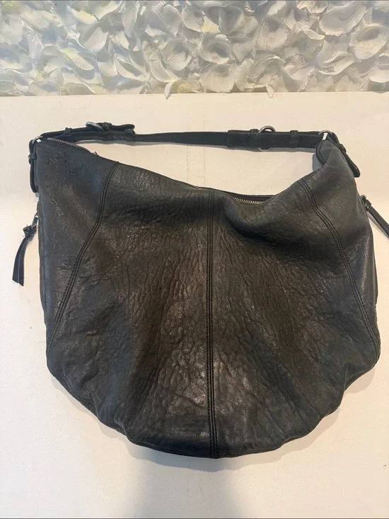 Textured Black Leather Hobo Shoulder Bag