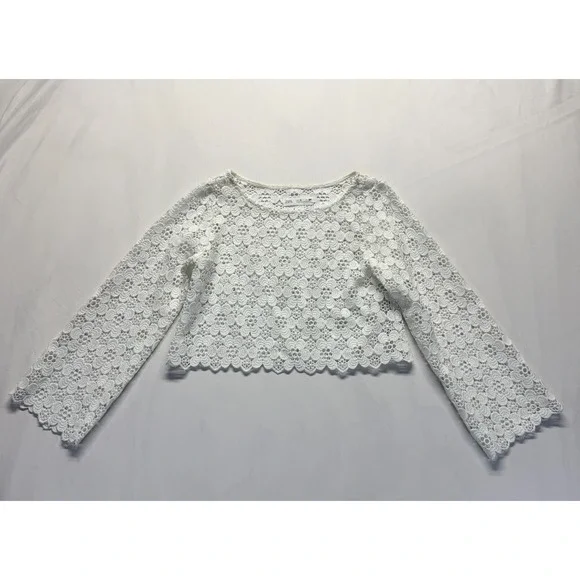 Zara Crochet Lace Blouse Top Womens 9 White Floral Round Neck Cropped Casual
