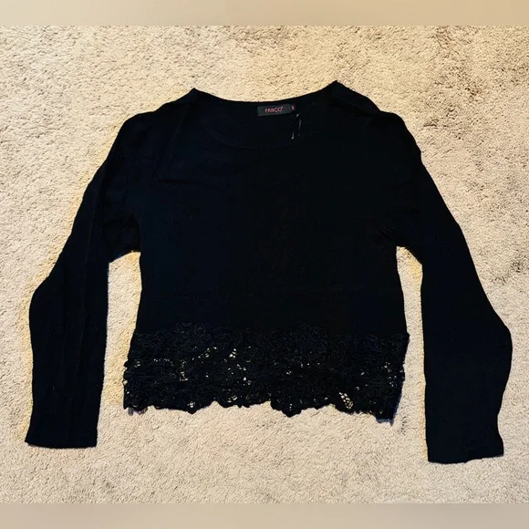 Fanco • Black Sheer Lace Detail Long Sleeve Top