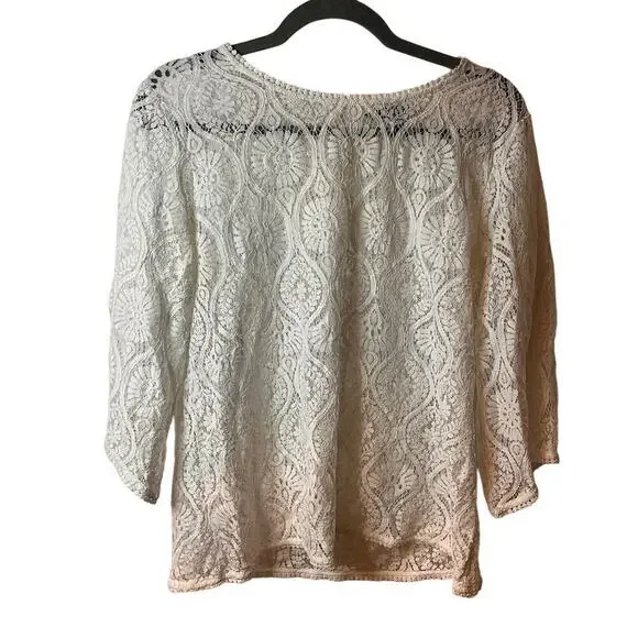 Banana Republic White Lace 3/4 Sleeves Blouse Medium