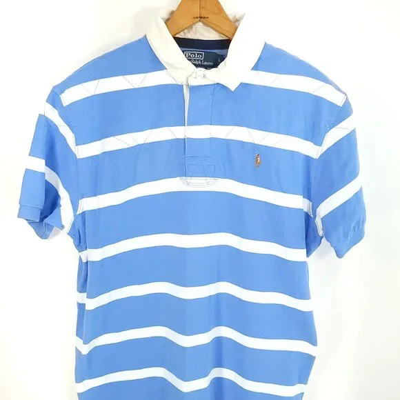 Polo Ralph Lauren Shirt Men's Large White Blue Stripes Quilted Distressed