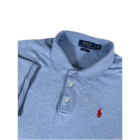 Polo Ralph Lauren Classic Fit Polo Shirt Heather‎ Blue Red Pony Men's Lg Preppy