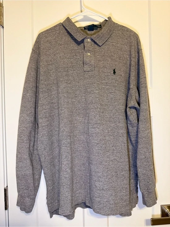 Ralph Lauren Men's Long-Sleeve Heather Gray Polo with Green Pony