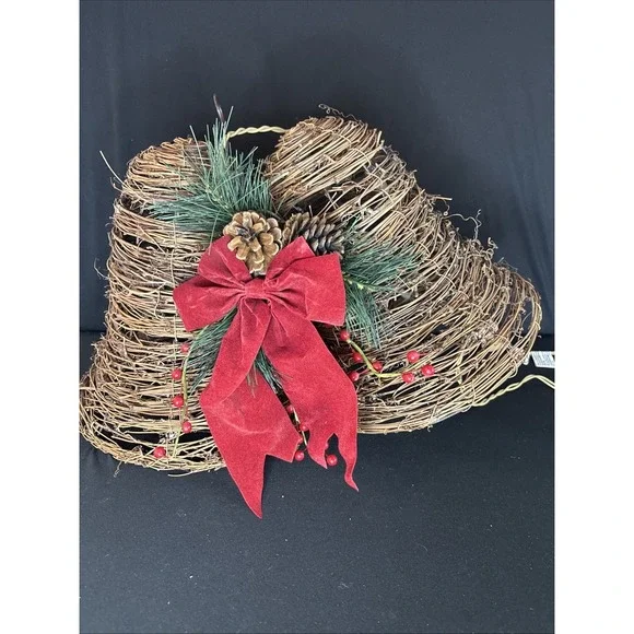 Vintage Lighted Rustic 2 Straw Bells W/Red Ribbon Berries Pinecones, 11