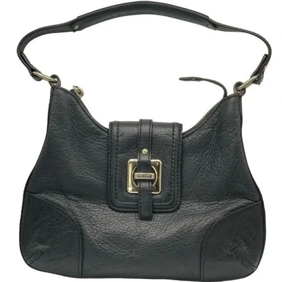 Kate Spade New‎ York Black pebble Leather Hobo Shoulder Bag Gold Buckle Top Zip