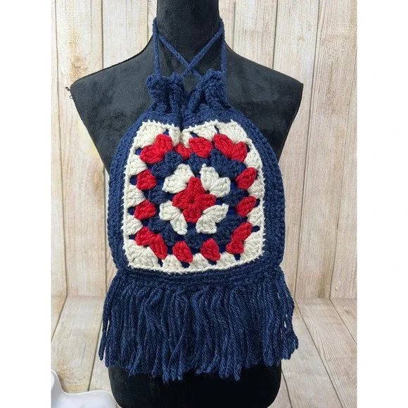 Vtg Handmade Crochet‎ Purse Granny Square Fringe Red White Blue Boho America 250