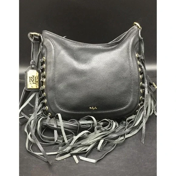 Lauren Ralph Lauren Fringe Fleetwood Hobo Bag Purse Black Leather  Bohemian