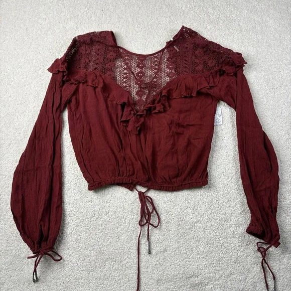 Free People Top Women's Size Small Maroon Lace Open Back‎ Long Sleeve Tie NWT