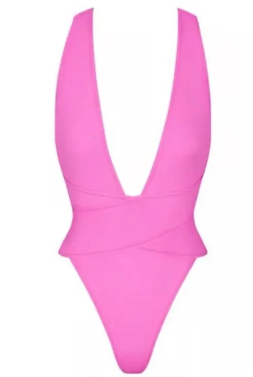 Recycled swim cut out plunge Monokini Neon Orchid