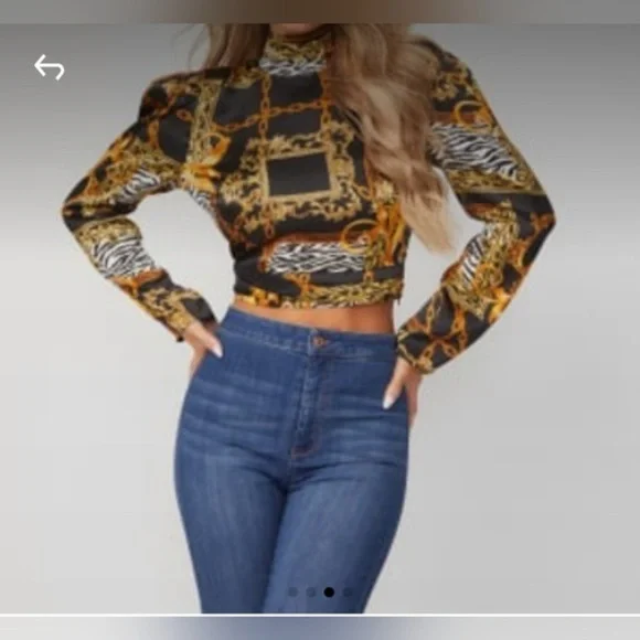 Guess silk cropped blouse with animal print and gold chain detail size small