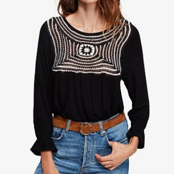 Free People Soul Mate Crochet Pattern Black Waffle Knit Top Shirt Size Small