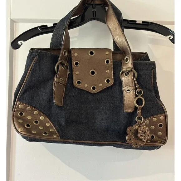 Franco Sarto Denim Blue & Brown Metallic Grommet Studded Y2K Satchel Tote Purse