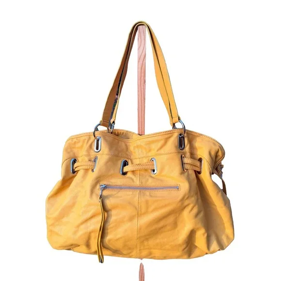 DONALD J PLINER Womens Mustard Yellow Leather Drawstring Hobo Shoulder Bag