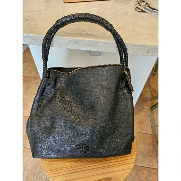 Tory Burch Leather Hobo Bag Braided‎ Handle Designer Purse Black