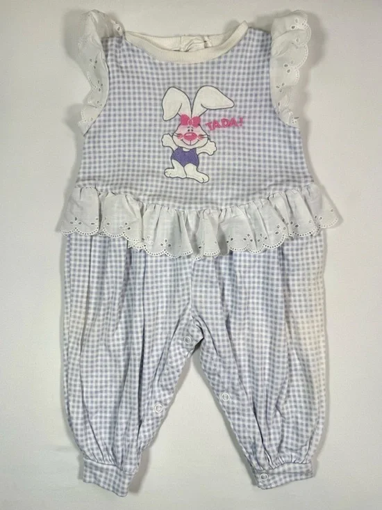 VINTAGE CARTERS Baby Girl 90s 12M Gingham Bunny Romper Eyelet‎ Lace Cottagecore