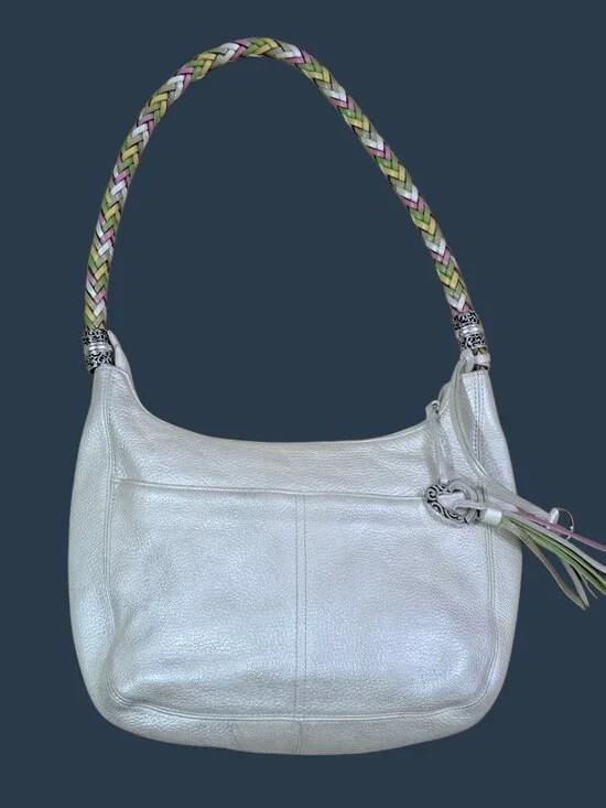Brighton Women's Cream Pearl Pebbled Leather Hobo Bag Braided Shoulder Strap