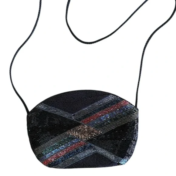 VINTAGE BEADED CLUTCH PURSE GEOMETRIC BLACK MULTICOLORED EVENING BAG CROSSBODY