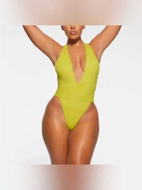 SKIMS Signature Swim Plunge Monokini Cut Out One Piece Swimsuit in Citrus 2x