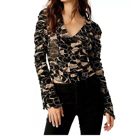 Free People Through The Meadow Top Black Gold Ruched Sleeve V-Neck Blouse XS