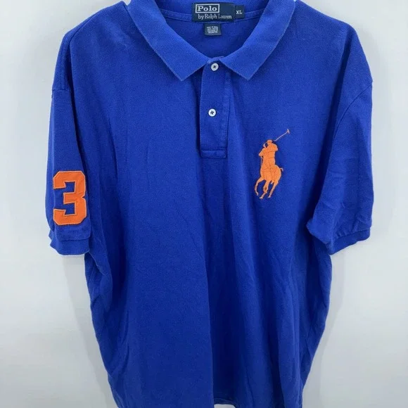 Polo Ralph Lauren‎ Blue Short Sleeve Polo Shirt Large Orang Pony Size XL Vintage
