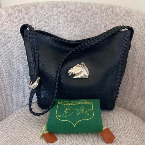 Kieselstein Cord Whipstitched  Black Leather Hobo Bag Silver Horse