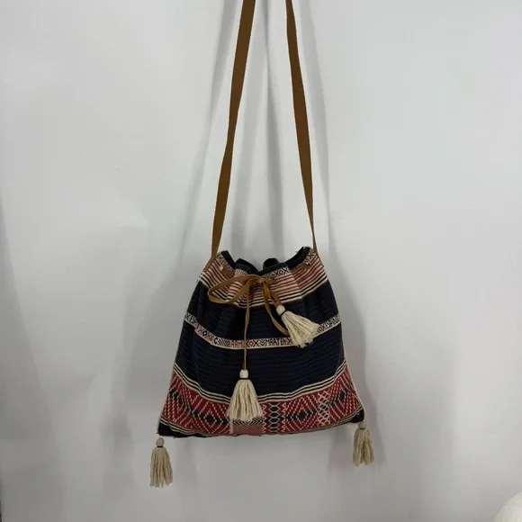 Star Mela vintage 100% cotton with leather strap and tassel bucket Boho bag