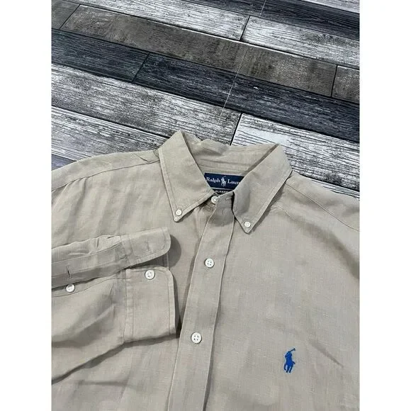 Ralph Lauren Shirt Mens XL Khaki Beige Tan Classic Fit Button Up Blue Pony‎ Silk