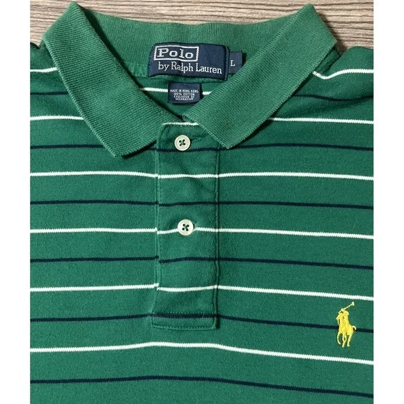 Vintage Ralph Lauren Green Striped Short Sleeve Polo Yellow Pony Size Large