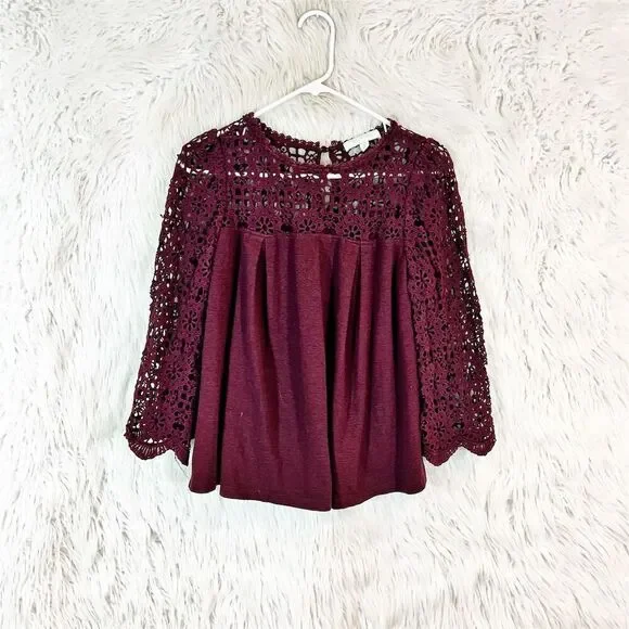Anthropologie Eri + Ali Women's Purple Blouse S Crochet Lace Yoke