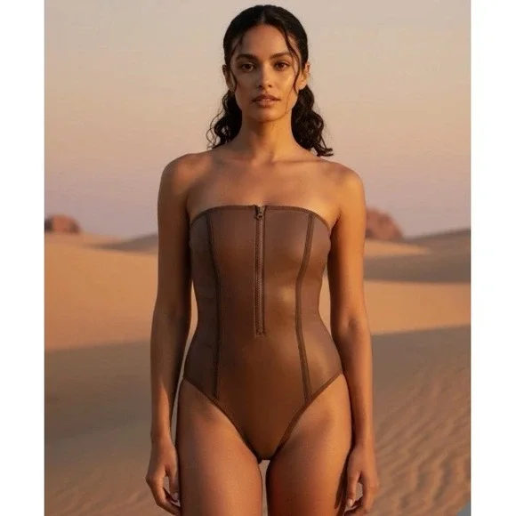 SKIMS Rubberized Scuba Swim Strapless One Piece Women 2X Cocoa Brown OP-BRF-3163