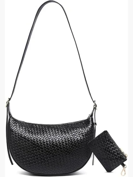 Woven Crescent Shoulder Bag Set 2PC Hobo Crossbody Purse Vegan Leather
