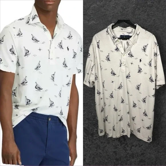 Ralph Lauren Polo Shirt Mens XXLT Oxford All Over Print Sailboat Print Nautical‎