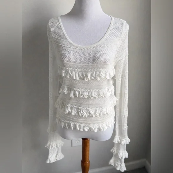 Anthropologie White Ruffled Sheer Knit Blouse | Romantic Statement Top | Size M