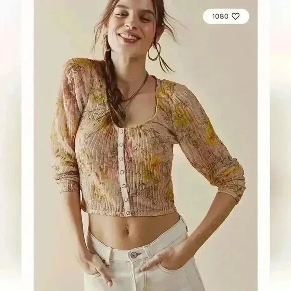 Free People Angelina Floral Sheer Long Sleeve Button Up Top Size Small