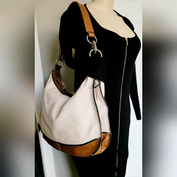 Tignanello Hobo 100% Genuine Leather Shoulder Bag Large Cream/Cognac 14
