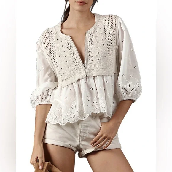 Anthropologie Half Zip Sweater Vest Eyelet Blouse Size S Like New