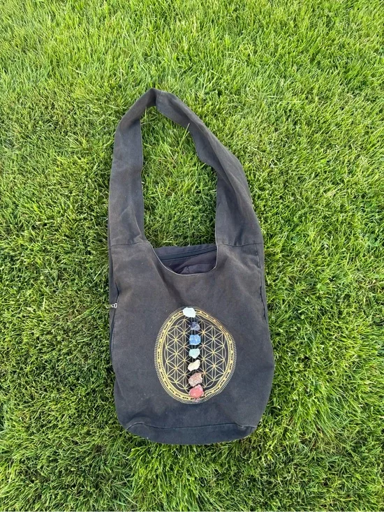 Boho Chakra Crystal Canvas Hobo Bag Black Slouchy Crossbody Tote Hippie Festival