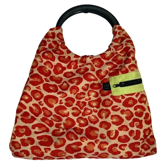 Orange Red Leopard Print Tapestry Hobo Bag Round Handles Boho Funky Maximalist